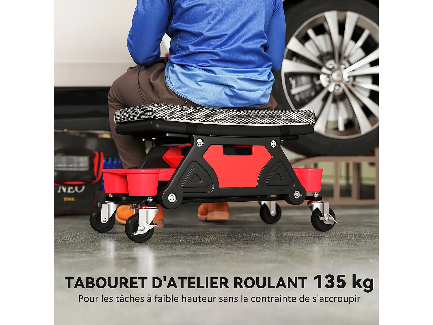 Tabouret d'atelier mobile - tabouret de mécanicien - coussin intégré, 3 plateaux outils - noir rouge