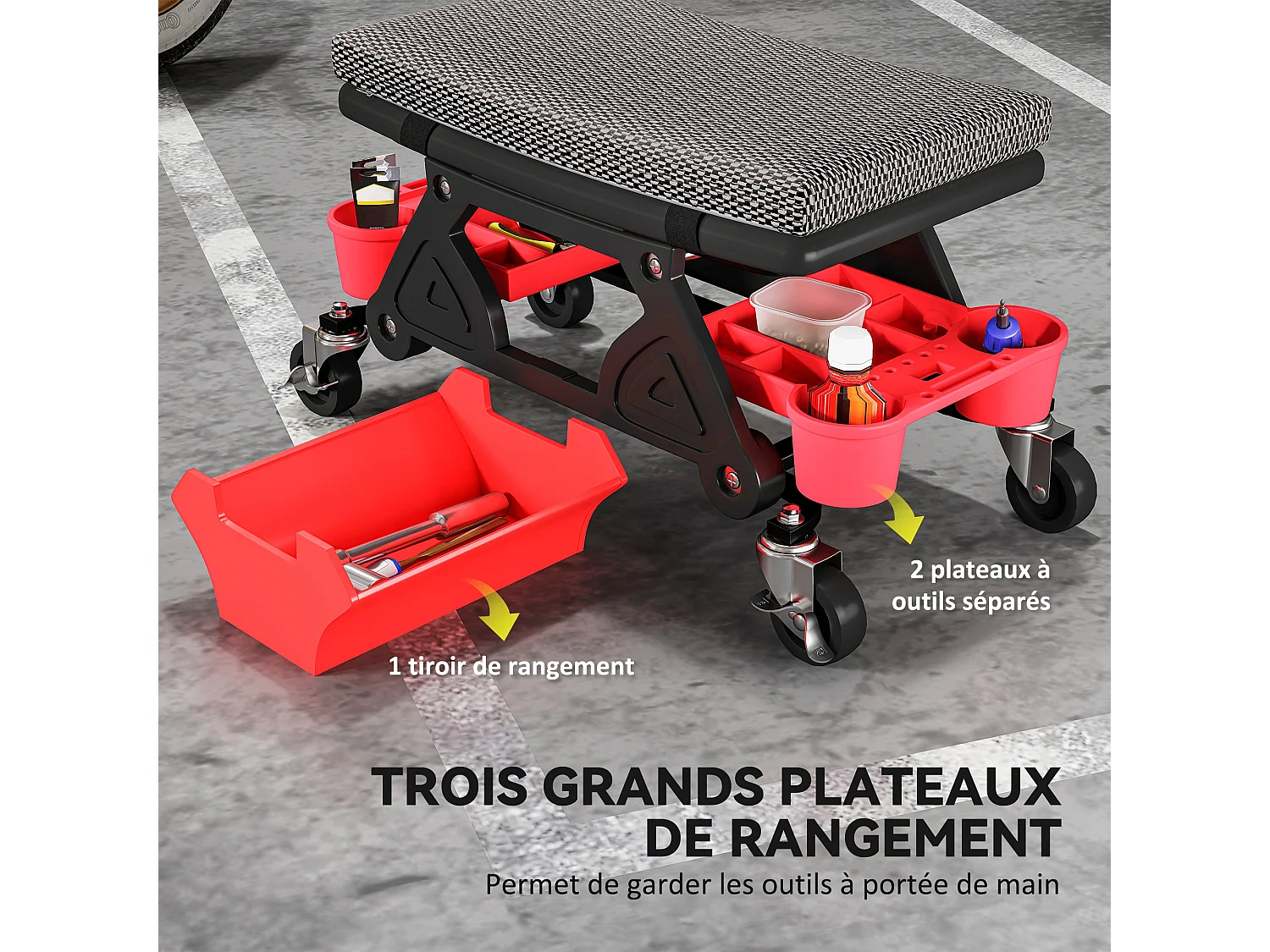 Tabouret d'atelier mobile - tabouret de mécanicien - coussin intégré, 3 plateaux outils - noir rouge