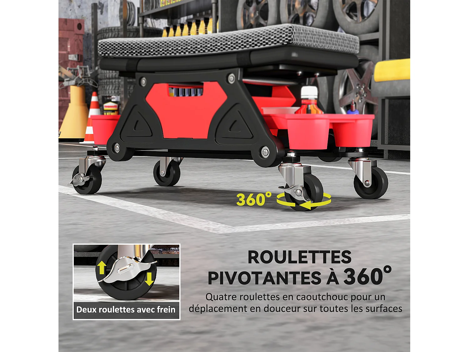 Tabouret d'atelier mobile - tabouret de mécanicien - coussin intégré, 3 plateaux outils - noir rouge