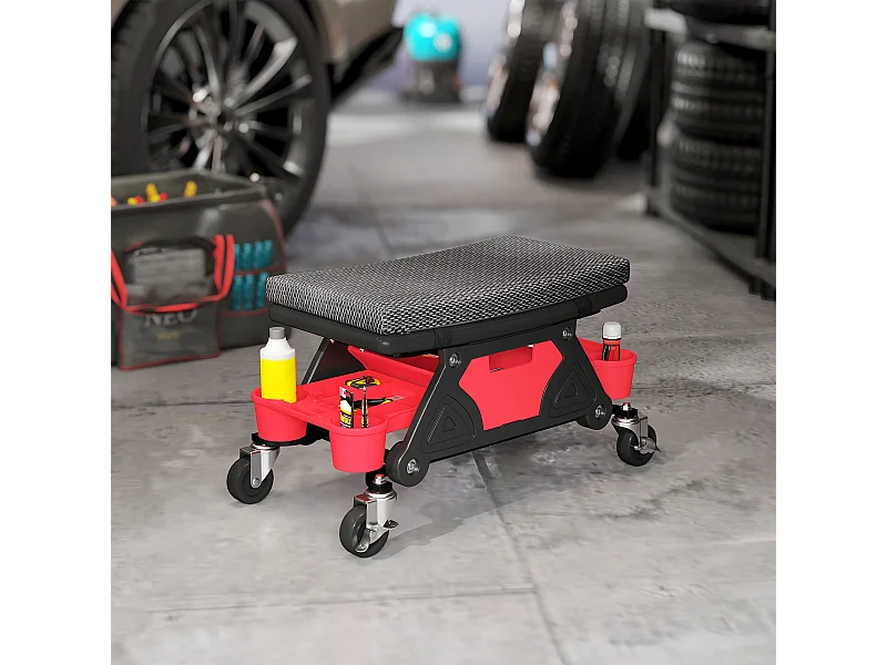 Tabouret d'atelier mobile - tabouret de mécanicien - coussin intégré, 3 plateaux outils - noir rouge