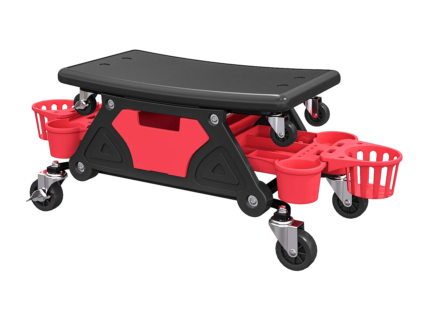 Tabouret d'atelier mobile chariot de mécanicien 2 en 1 - 3 plateaux outils - noir rouge