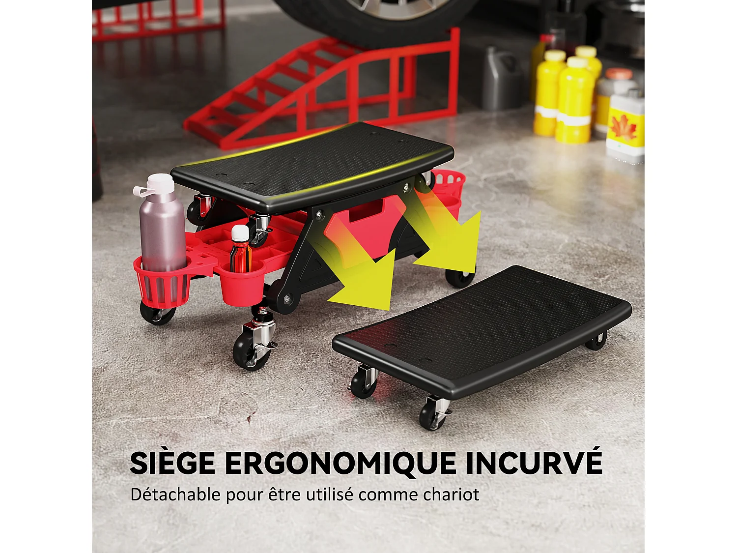 Tabouret d'atelier mobile chariot de mécanicien 2 en 1 - 3 plateaux outils - noir rouge