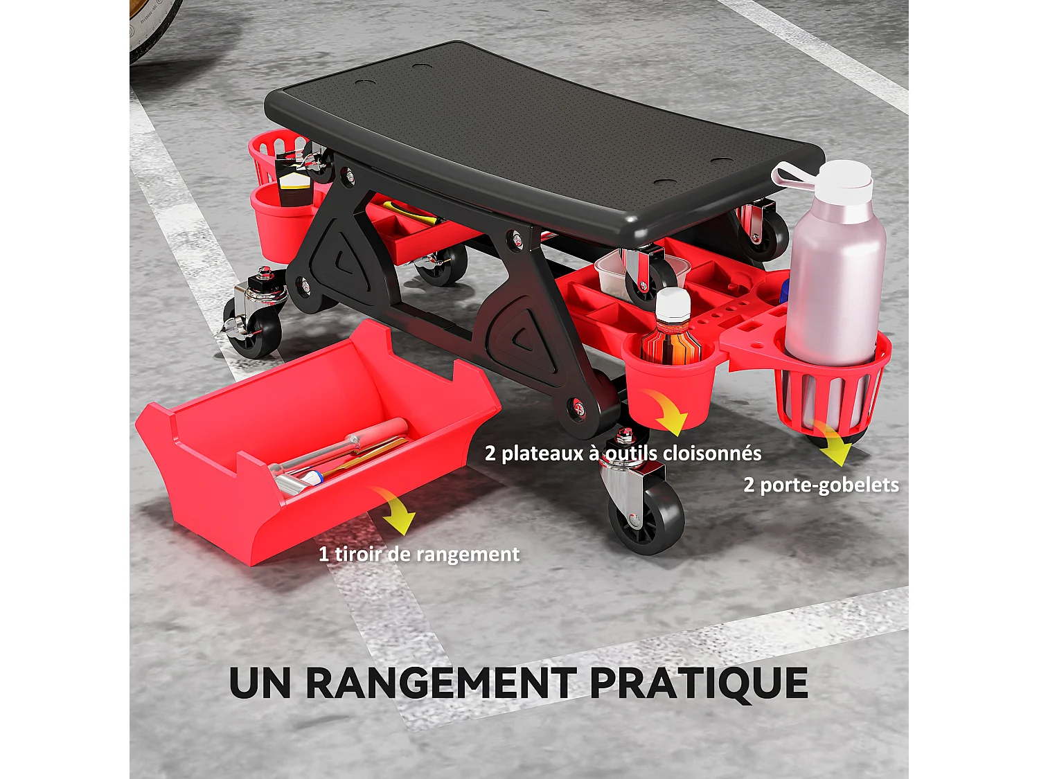 Tabouret d'atelier mobile chariot de mécanicien 2 en 1 - 3 plateaux outils - noir rouge
