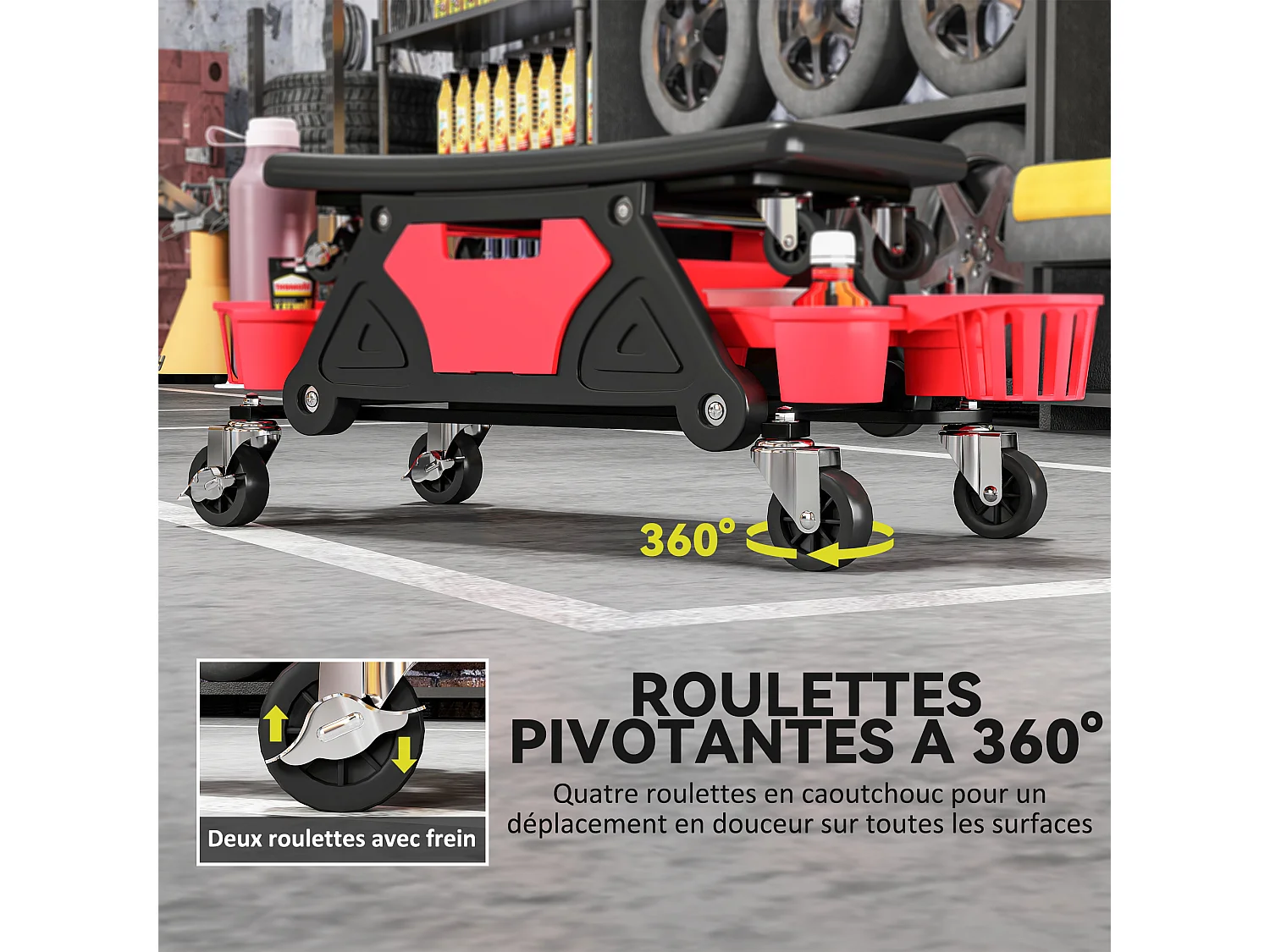 Tabouret d'atelier mobile chariot de mécanicien 2 en 1 - 3 plateaux outils - noir rouge