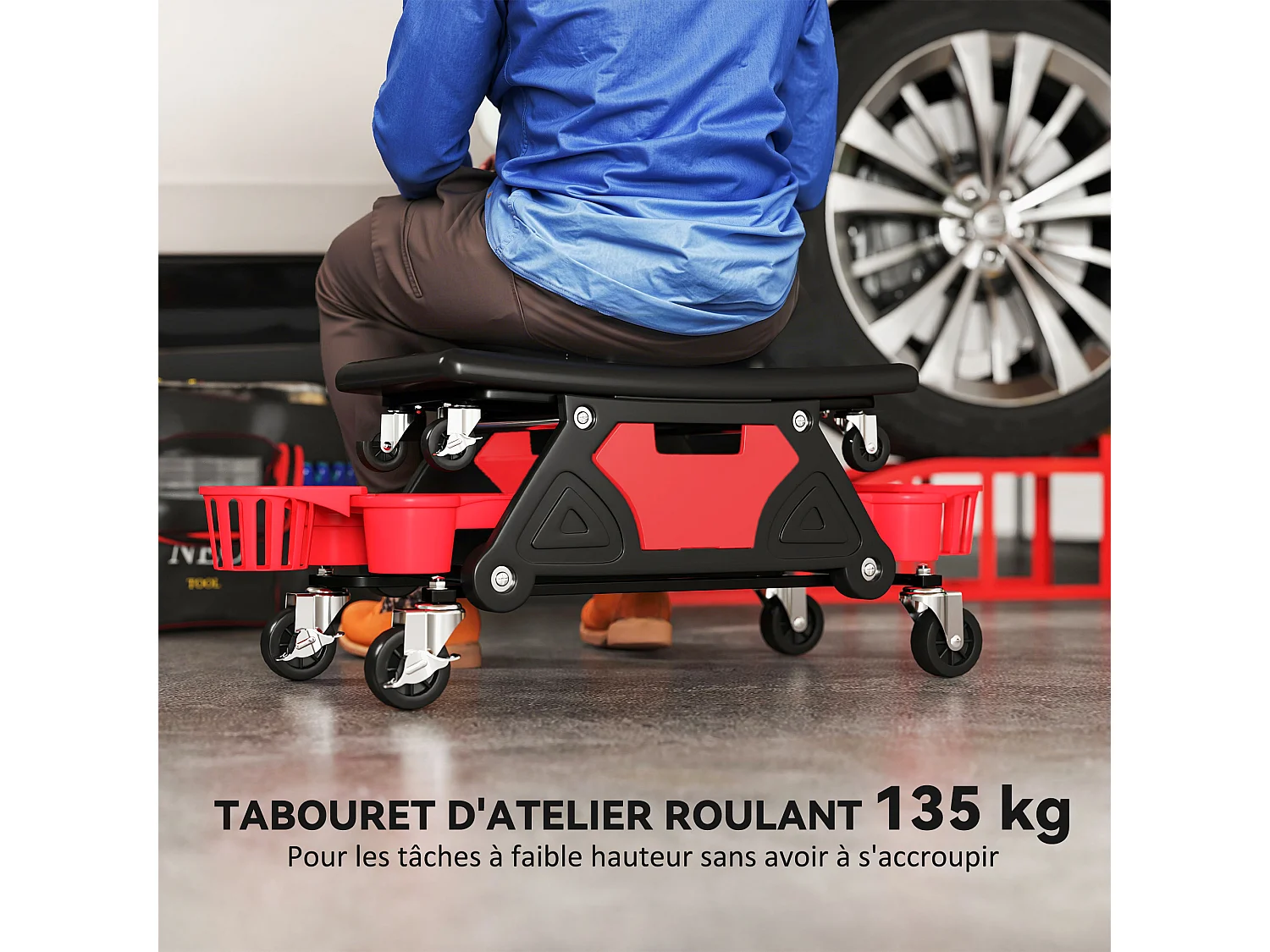 Tabouret d'atelier mobile chariot de mécanicien 2 en 1 - 3 plateaux outils - noir rouge