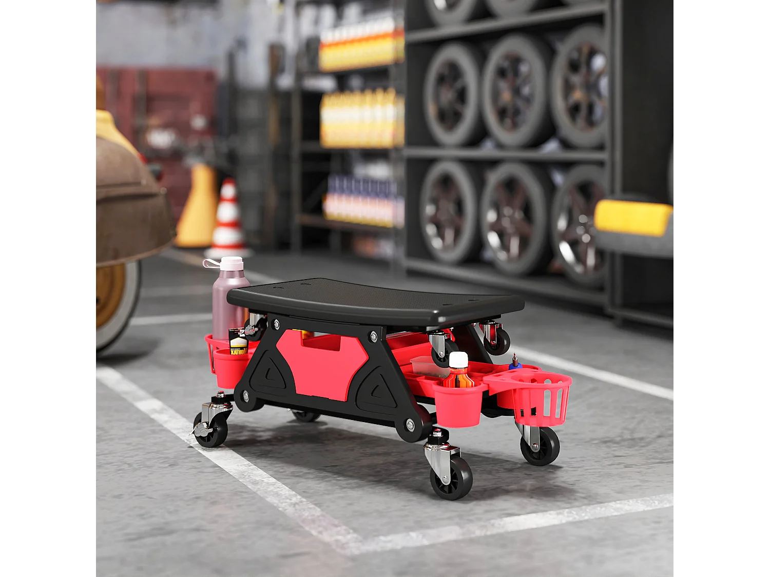 Tabouret d'atelier mobile chariot de mécanicien 2 en 1 - 3 plateaux outils - noir rouge