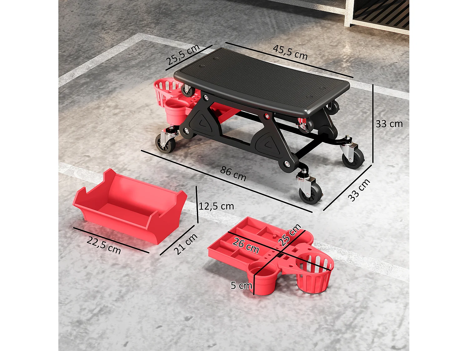 Tabouret d'atelier mobile chariot de mécanicien 2 en 1 - 3 plateaux outils - noir rouge