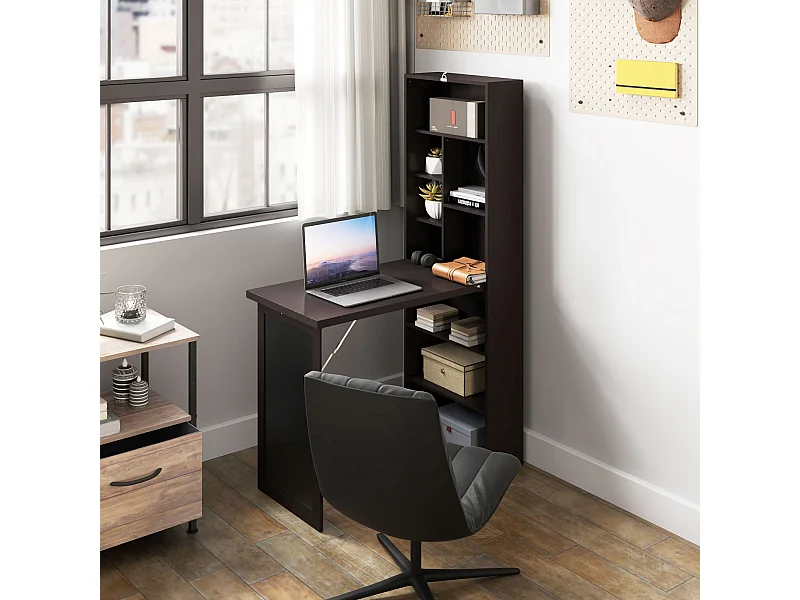Bureau mural pliable table murale rabattable suspendue sur pied avec bibliothèque tableau à craie intégré panneaux particules chocolat