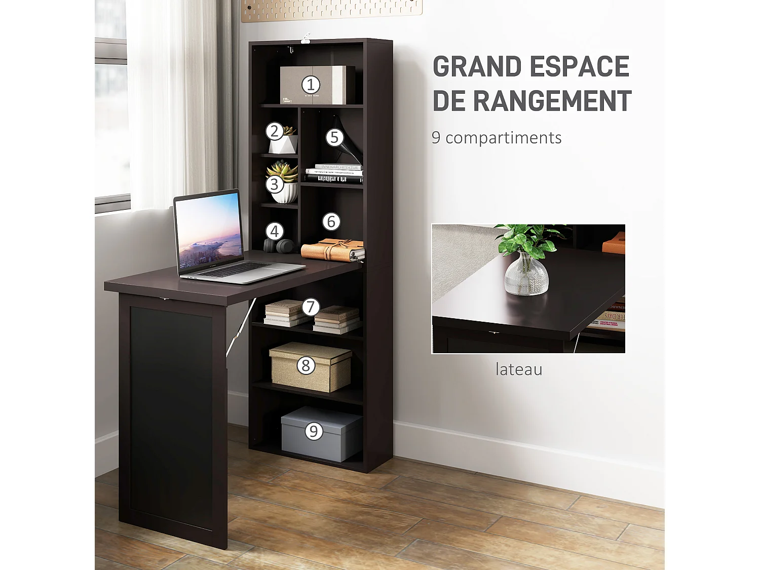 Bureau mural pliable table murale rabattable suspendue sur pied avec bibliothèque tableau à craie intégré panneaux particules chocolat