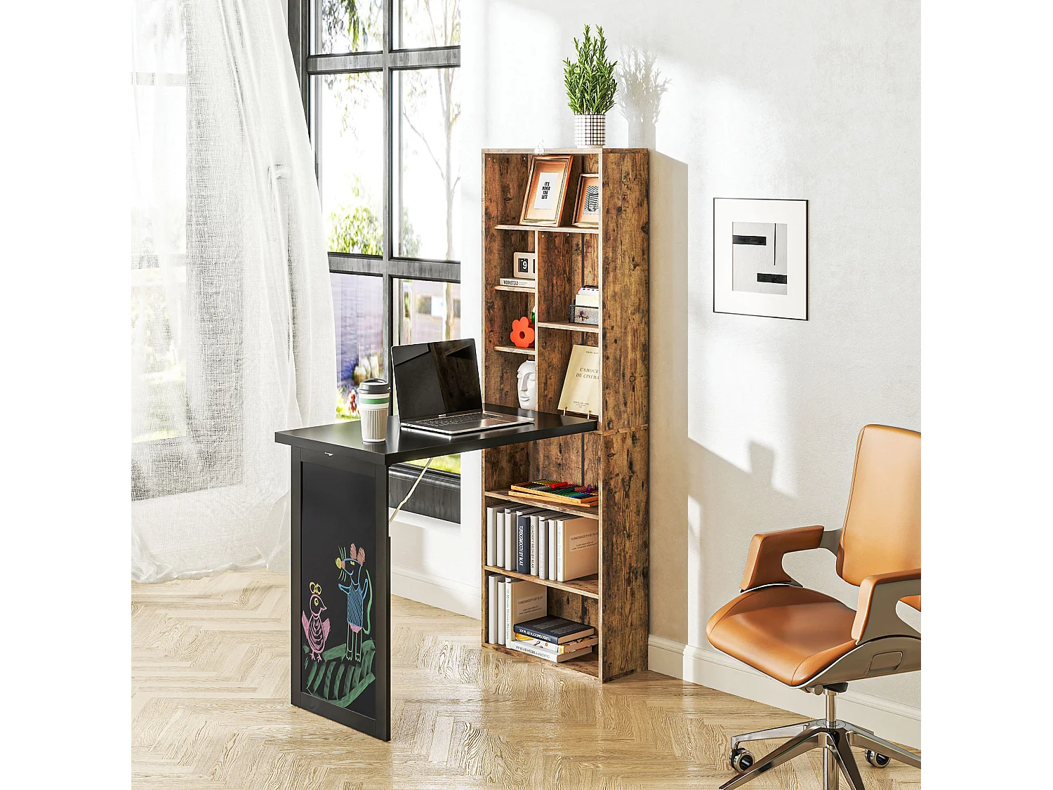 Bureau mural pliable table murale rabattable suspendue sur pied avec bibliothèque tableau à craie intégré panneaux particules bois