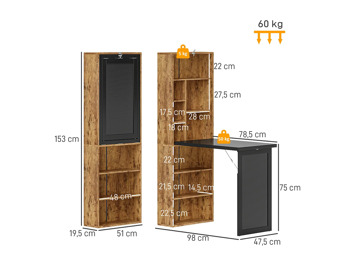 Bureau mural pliable table murale rabattable suspendue sur pied avec bibliothèque tableau à craie intégré panneaux particules bois