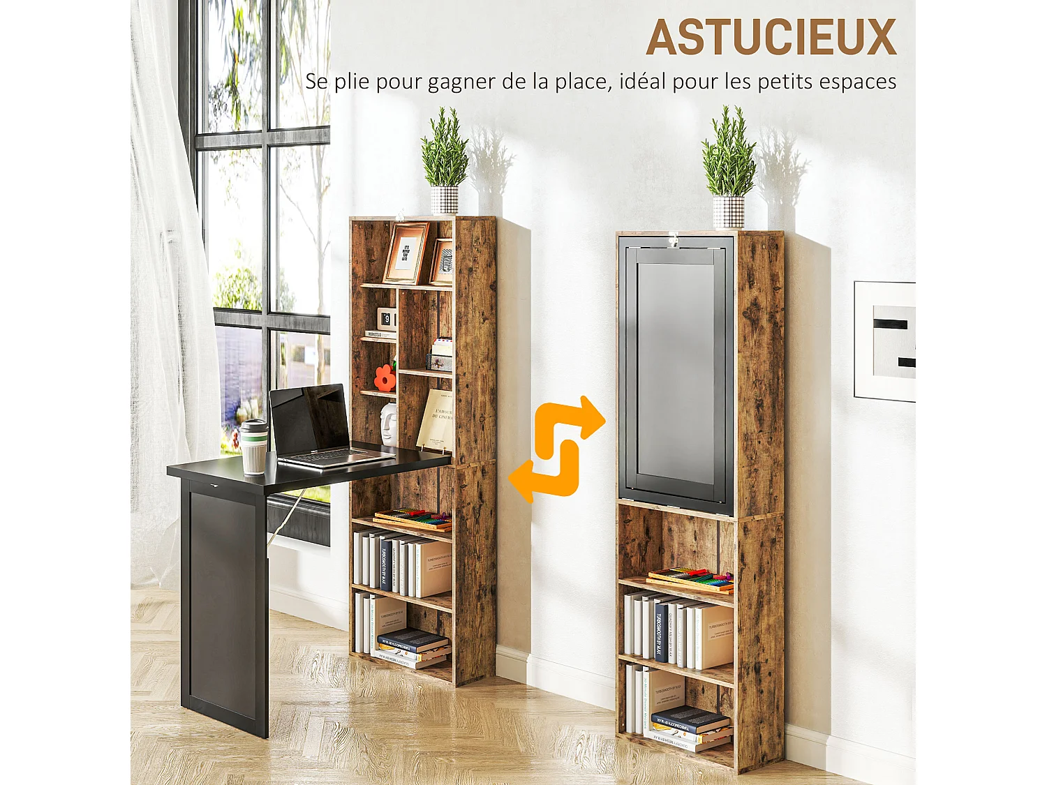 Bureau mural pliable table murale rabattable suspendue sur pied avec bibliothèque tableau à craie intégré panneaux particules bois