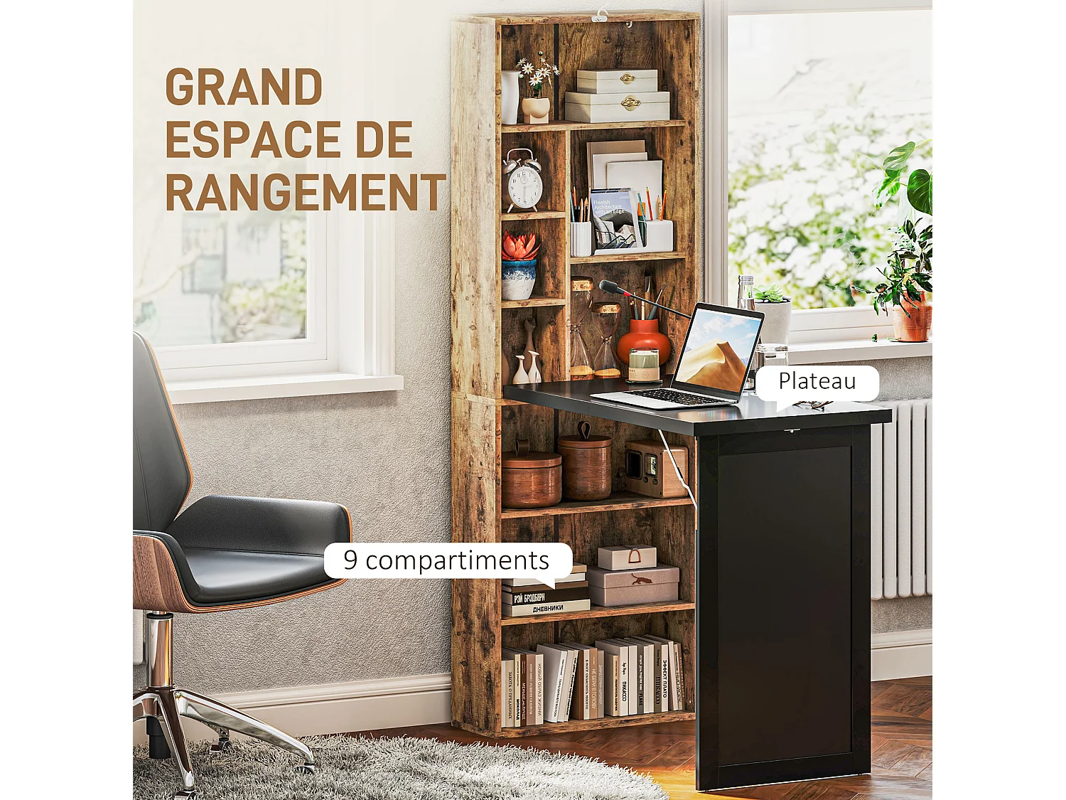 Bureau mural pliable table murale rabattable suspendue sur pied avec bibliothèque tableau à craie intégré panneaux particules bois