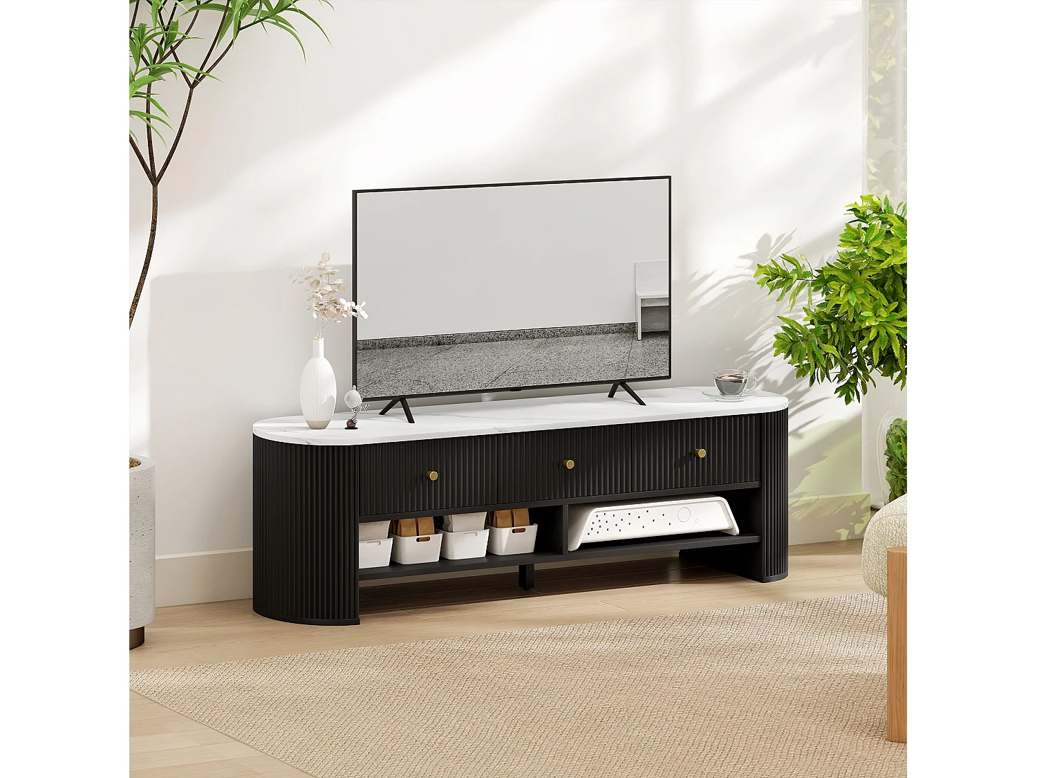 Meuble TV design ovale effet marbre blanc 140 x 40 x 43 cm 3 tiroirs 2 niches noir