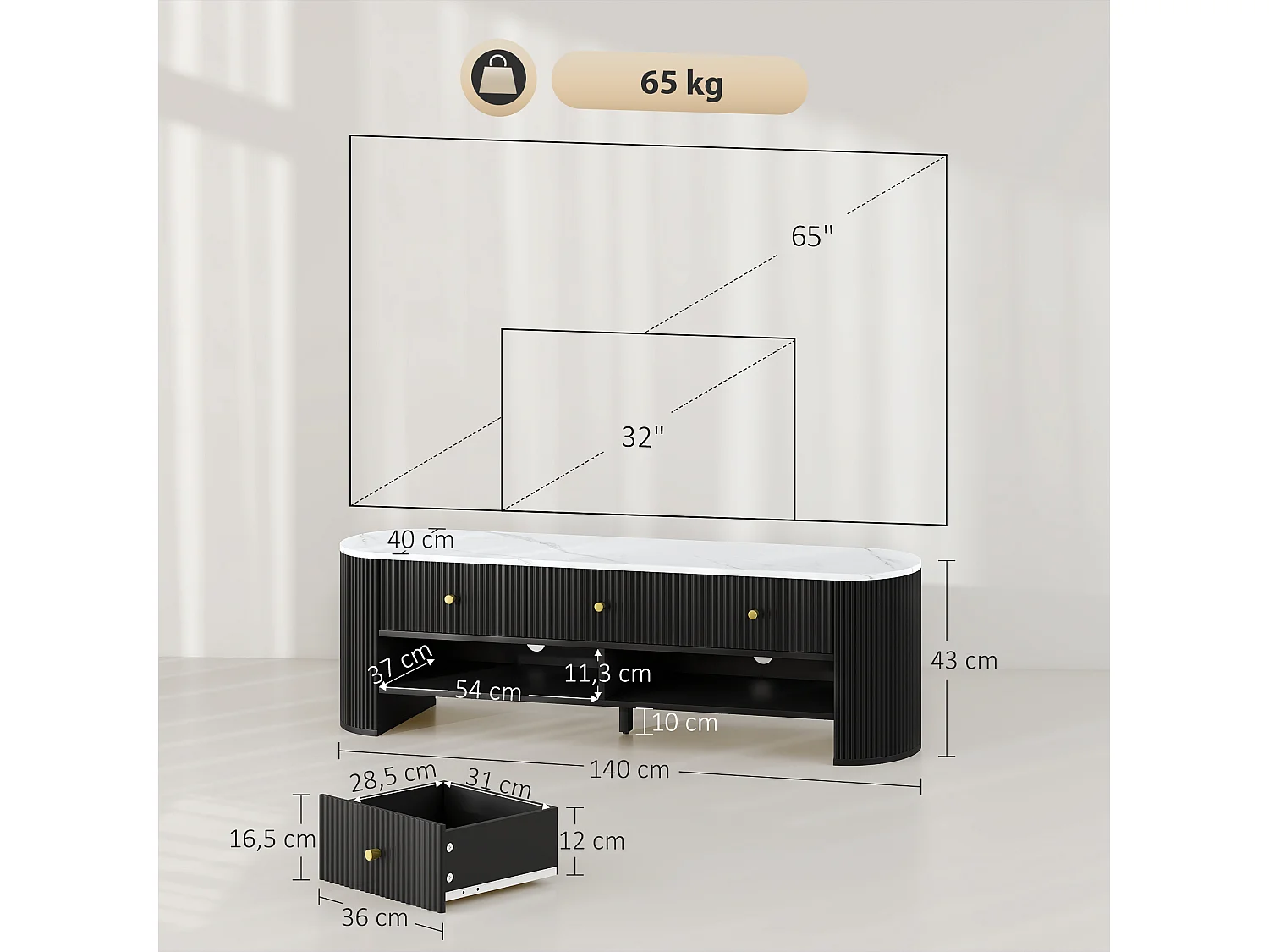 Meuble TV design ovale effet marbre blanc 140 x 40 x 43 cm 3 tiroirs 2 niches noir