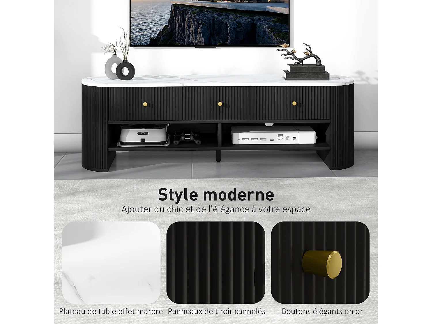 Meuble TV design ovale effet marbre blanc 140 x 40 x 43 cm 3 tiroirs 2 niches noir
