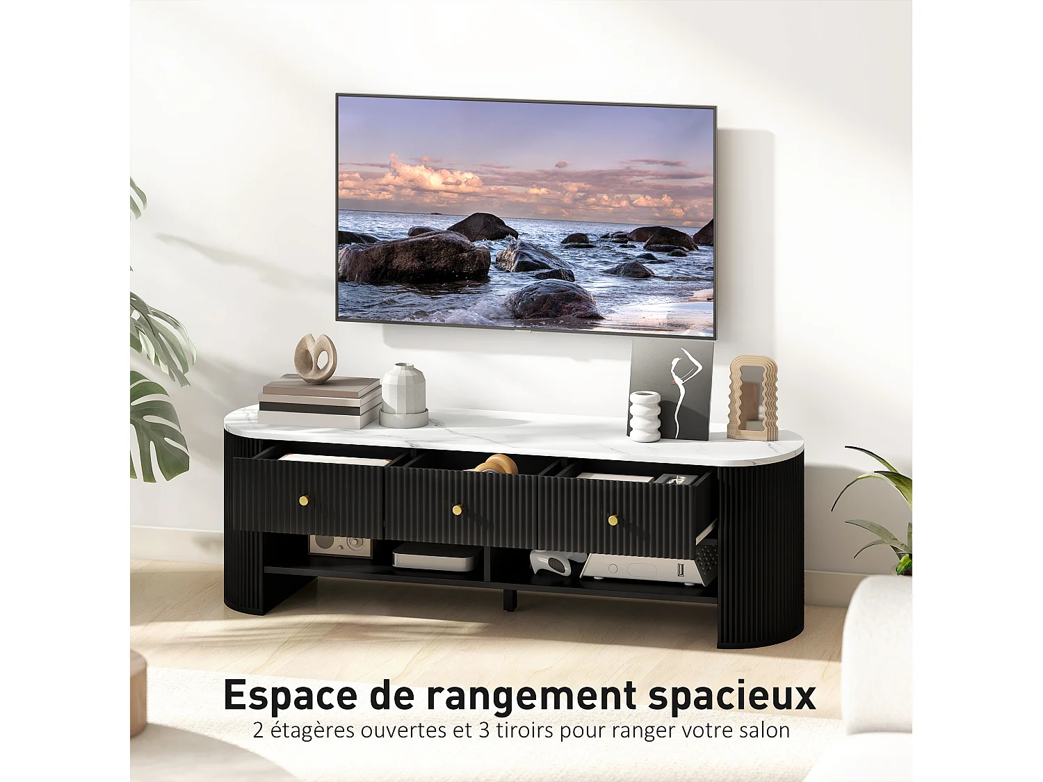 Meuble TV design ovale effet marbre blanc 140 x 40 x 43 cm 3 tiroirs 2 niches noir