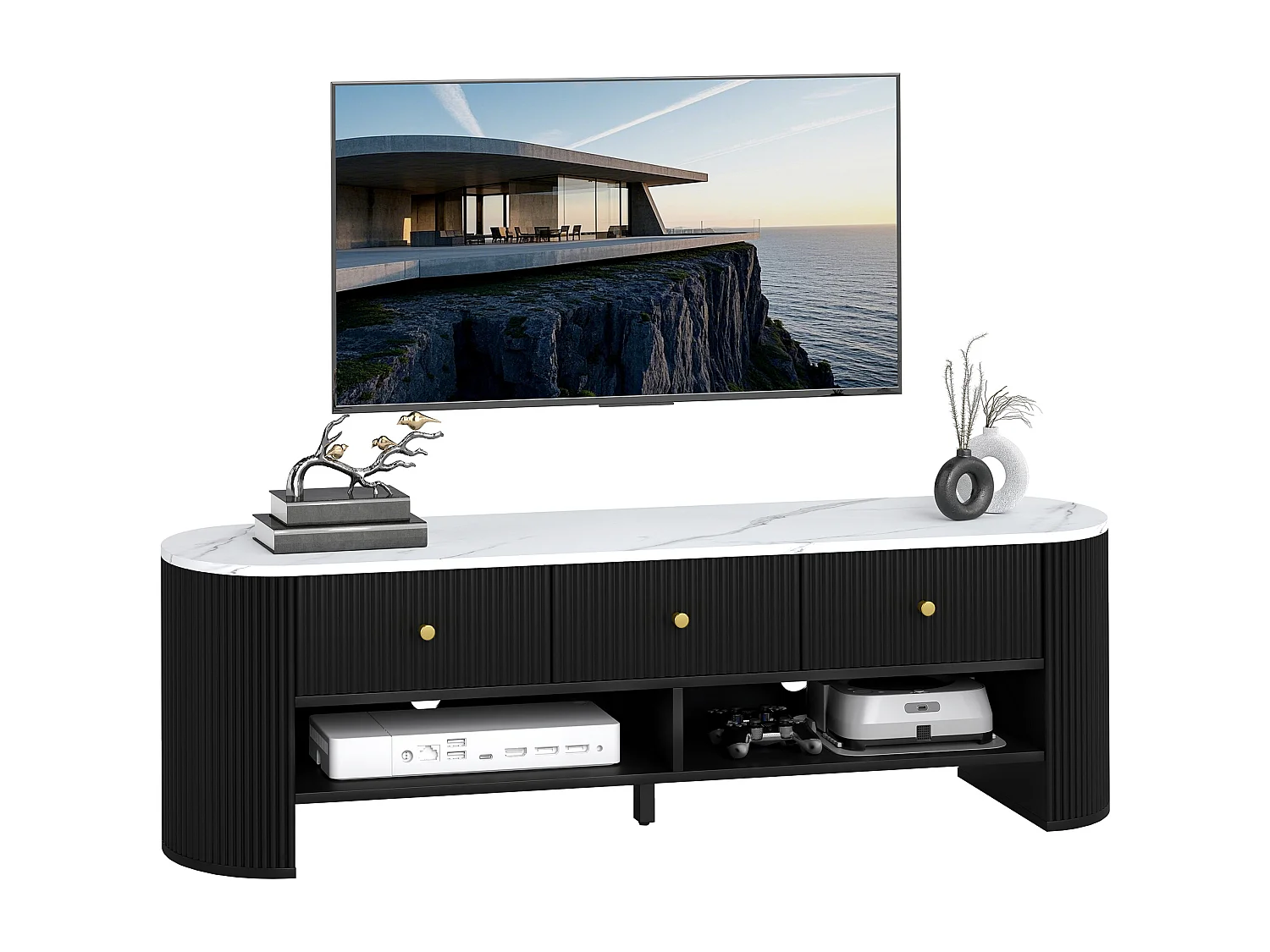 Meuble TV design ovale effet marbre blanc 140 x 40 x 43 cm 3 tiroirs 2 niches noir