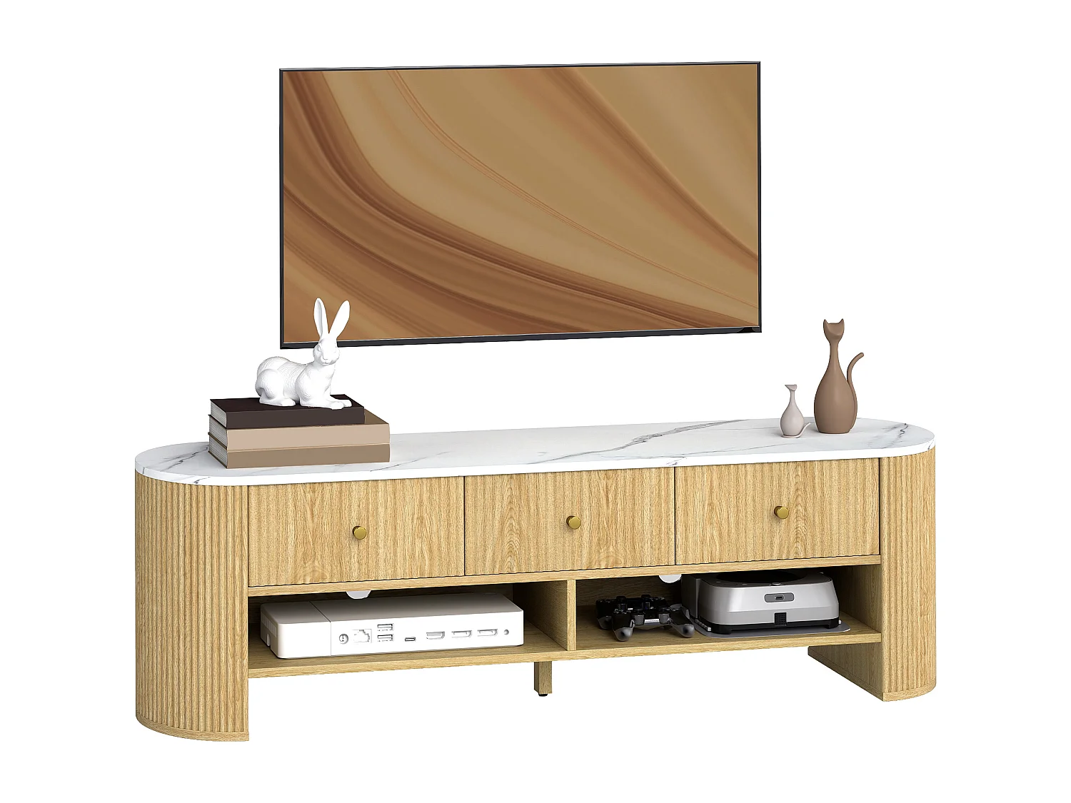 Meuble TV design ovale effet marbre blanc 140 x 40 x 43 cm 3 tiroirs 2 niches aspect bois clair
