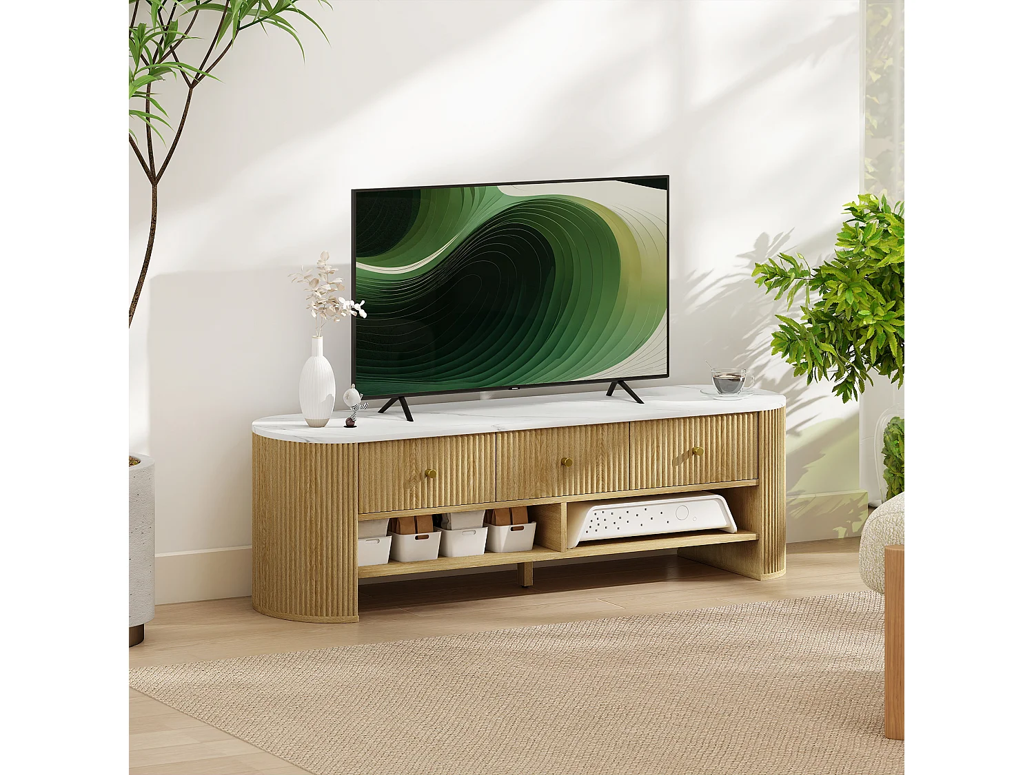 Meuble TV design ovale effet marbre blanc 140 x 40 x 43 cm 3 tiroirs 2 niches aspect bois clair