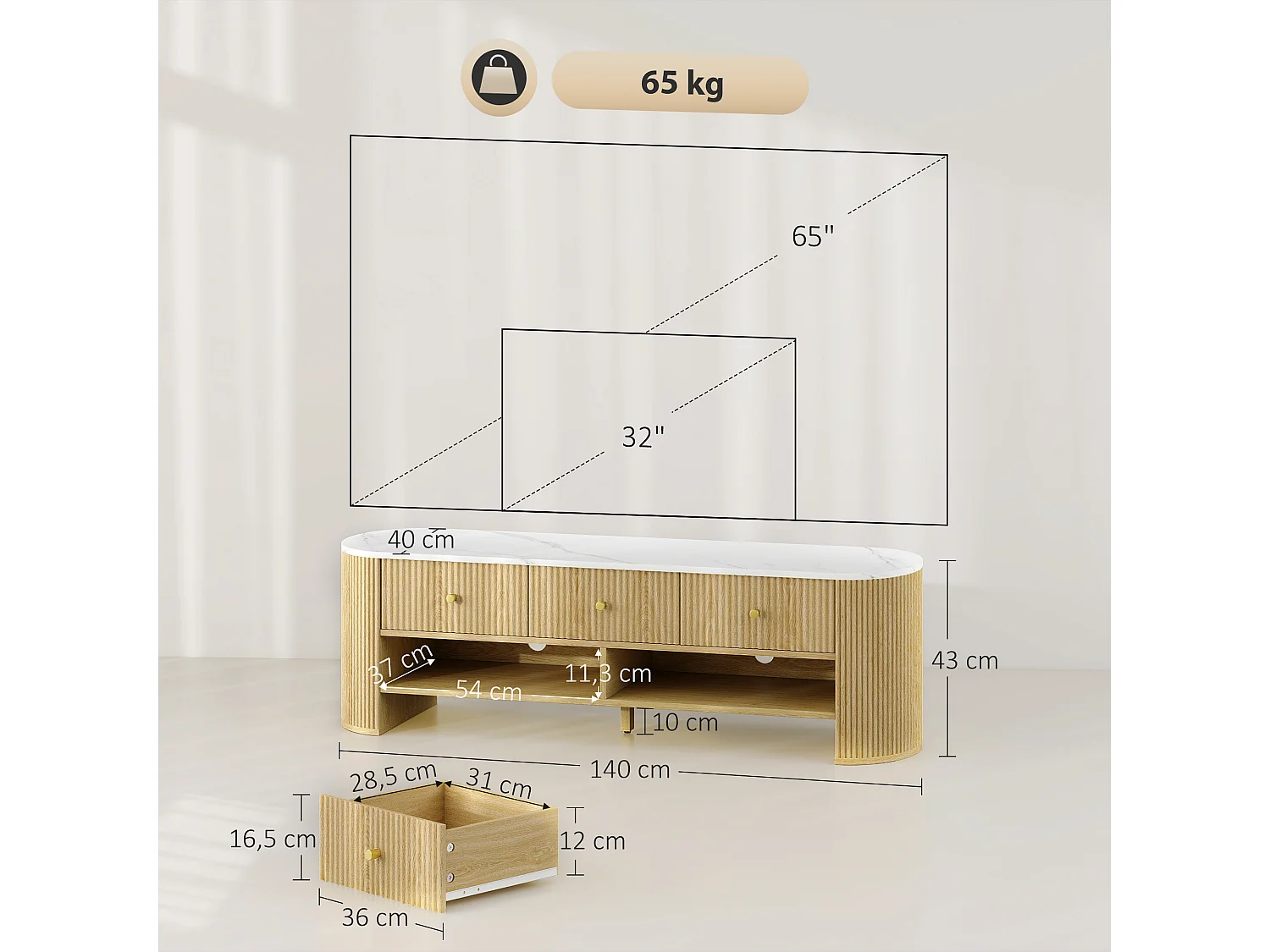 Meuble TV design ovale effet marbre blanc 140 x 40 x 43 cm 3 tiroirs 2 niches aspect bois clair