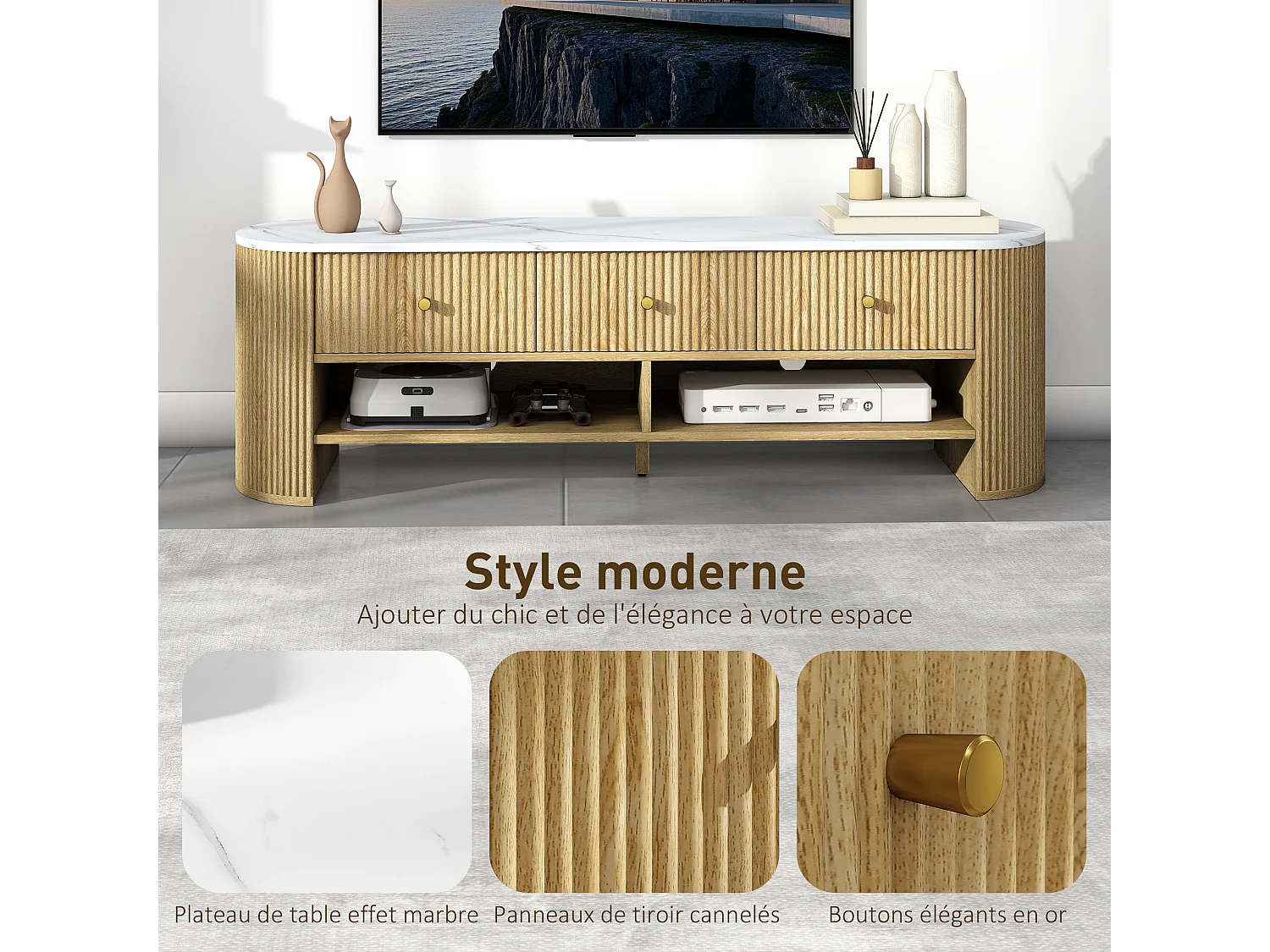 Meuble TV design ovale effet marbre blanc 140 x 40 x 43 cm 3 tiroirs 2 niches aspect bois clair