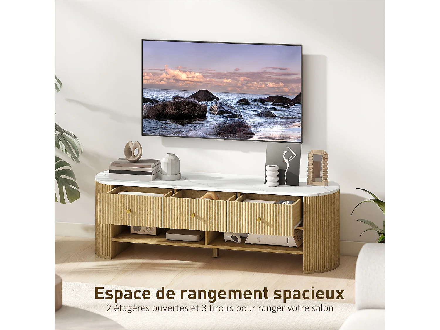 Meuble TV design ovale effet marbre blanc 140 x 40 x 43 cm 3 tiroirs 2 niches aspect bois clair
