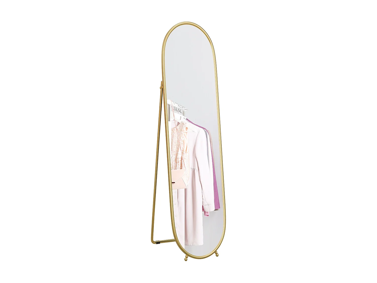 Grand miroir sur pied - miroir mural ovale avec support - dim. 40L x 160H cm - métal doré