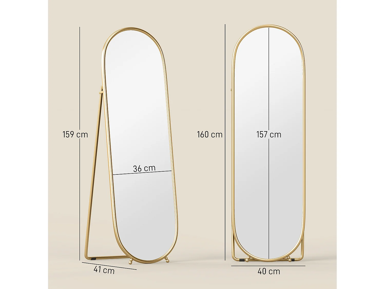 Grand miroir sur pied - miroir mural ovale avec support - dim. 40L x 160H cm - métal doré