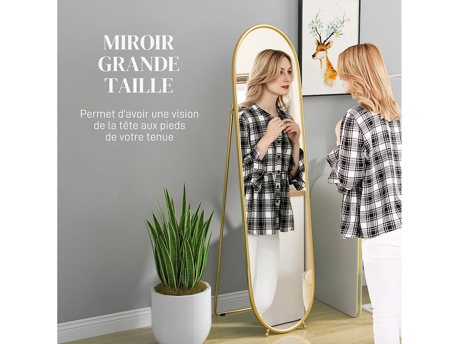 Grand miroir sur pied - miroir mural ovale avec support - dim. 40L x 160H cm - métal doré