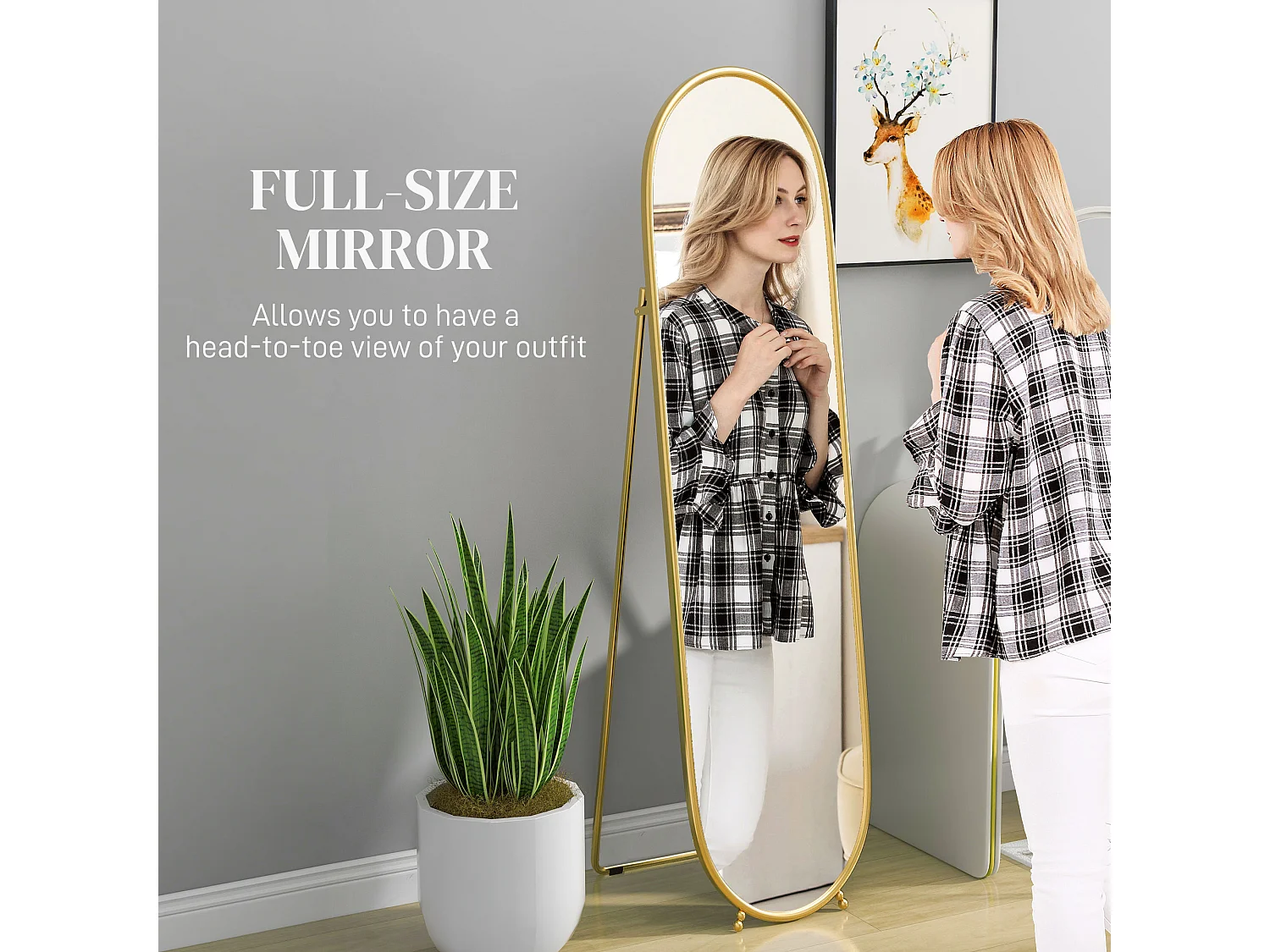 Grand miroir sur pied - miroir mural ovale avec support - dim. 40L x 160H cm - métal doré