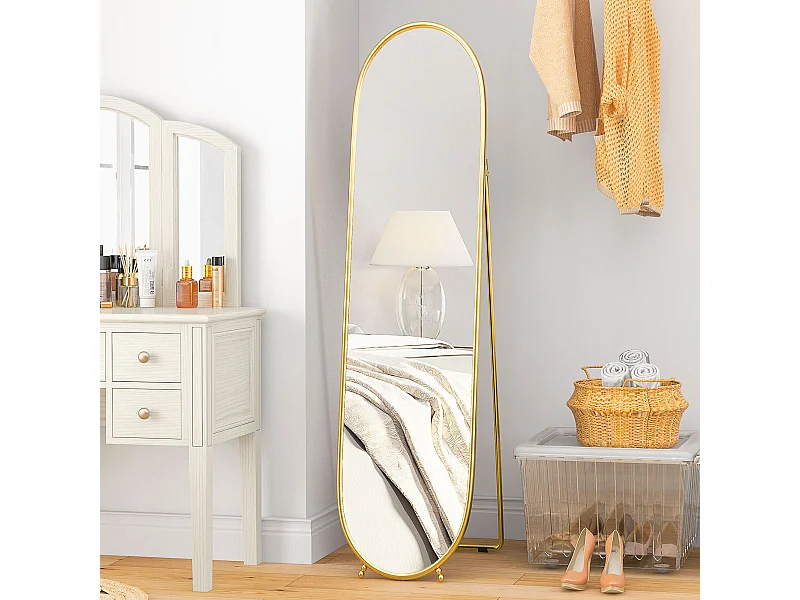 Grand miroir sur pied - miroir mural ovale avec support - dim. 40L x 160H cm - métal doré