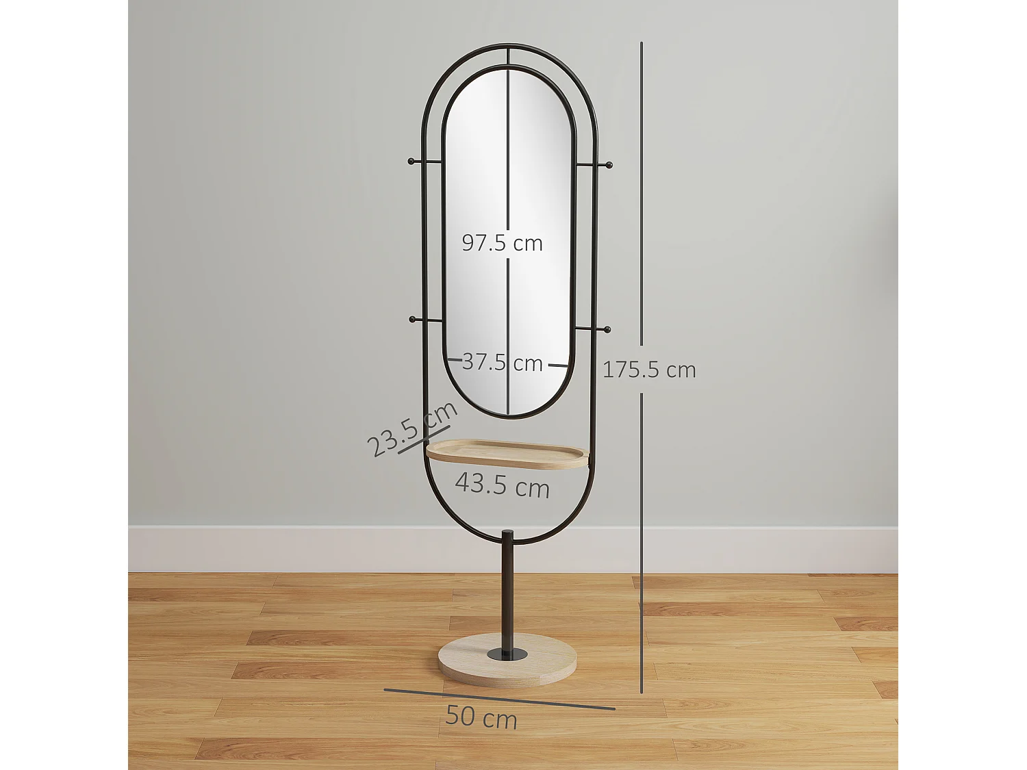 Miroir étagère design H.175 cm - miroir sur pied - tablette, 4 patères - métal noir bois hévéa verni naturel