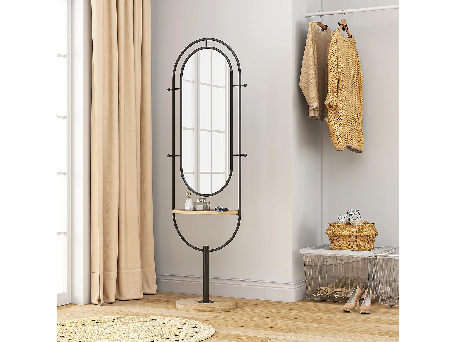 Miroir étagère design H.175 cm - miroir sur pied - tablette, 4 patères - métal noir bois hévéa verni naturel