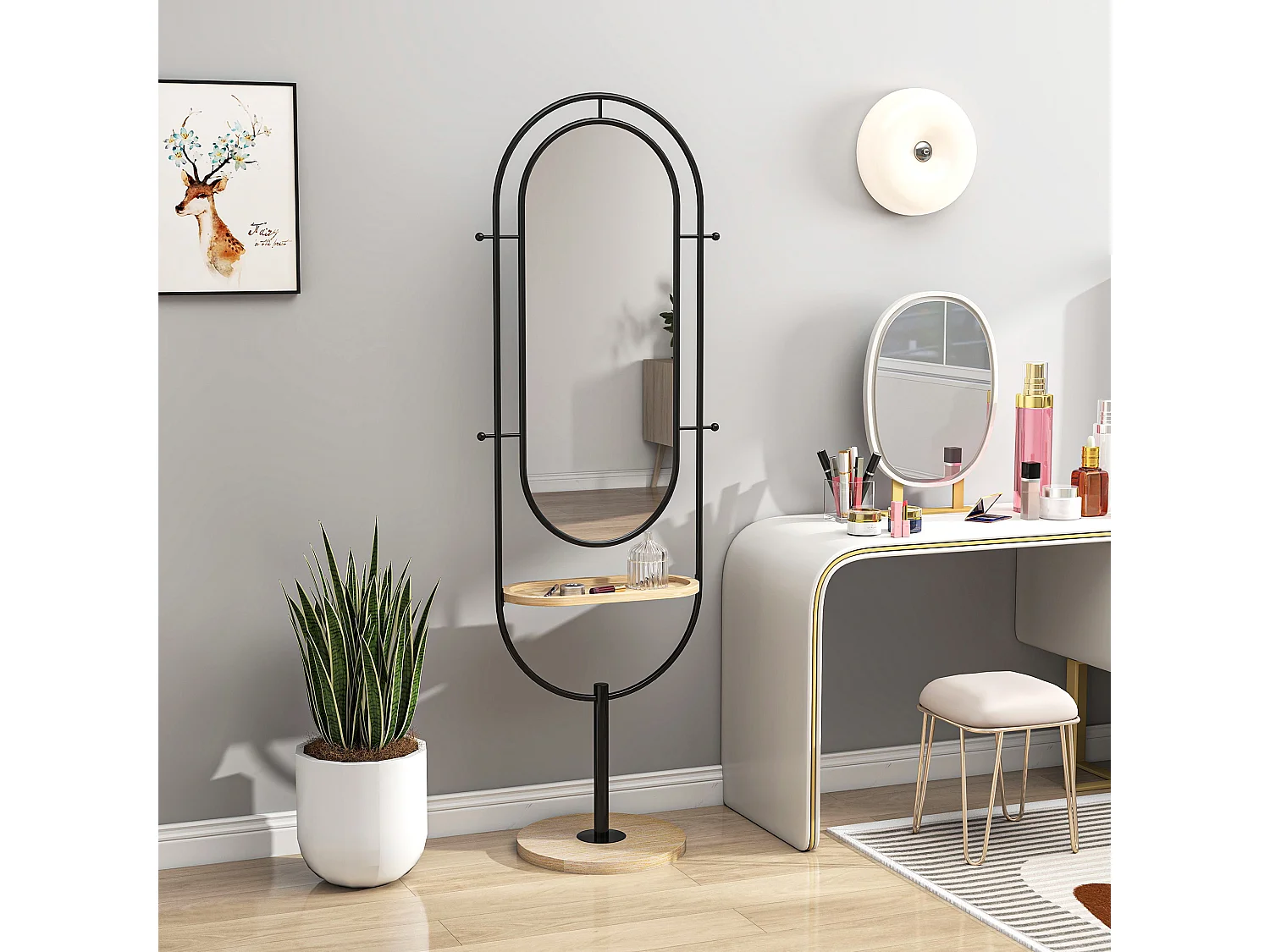 Miroir étagère design H.175 cm - miroir sur pied - tablette, 4 patères - métal noir bois hévéa verni naturel