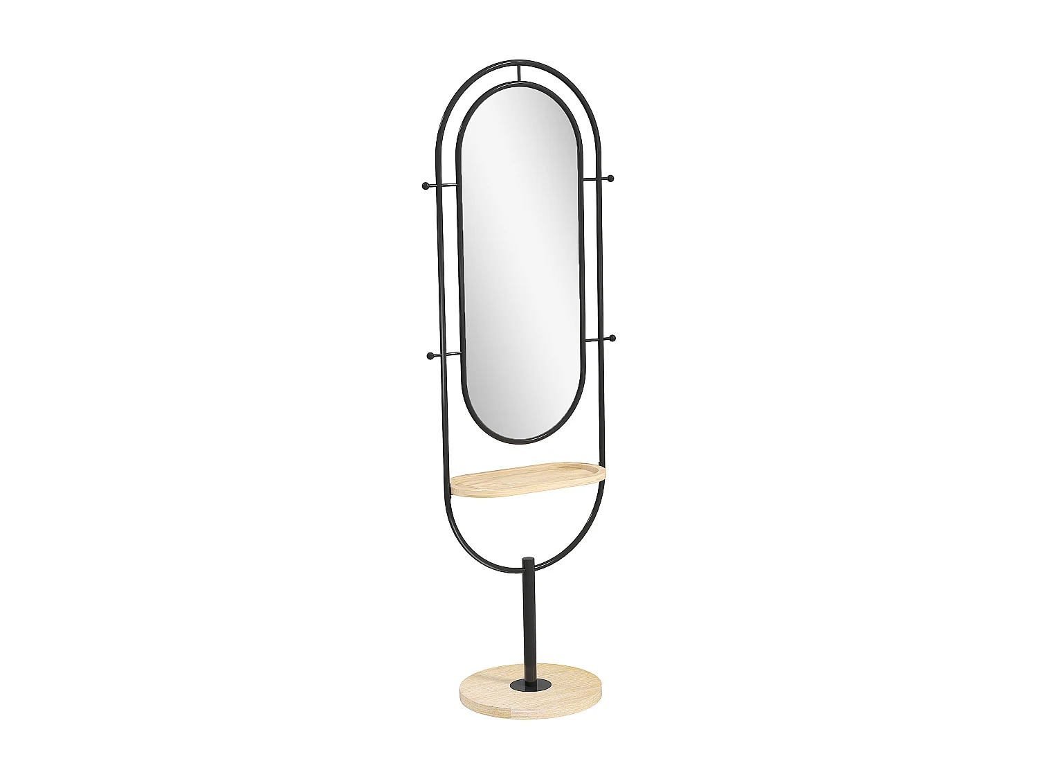 Miroir étagère design H.175 cm - miroir sur pied - tablette, 4 patères - métal noir bois hévéa verni naturel