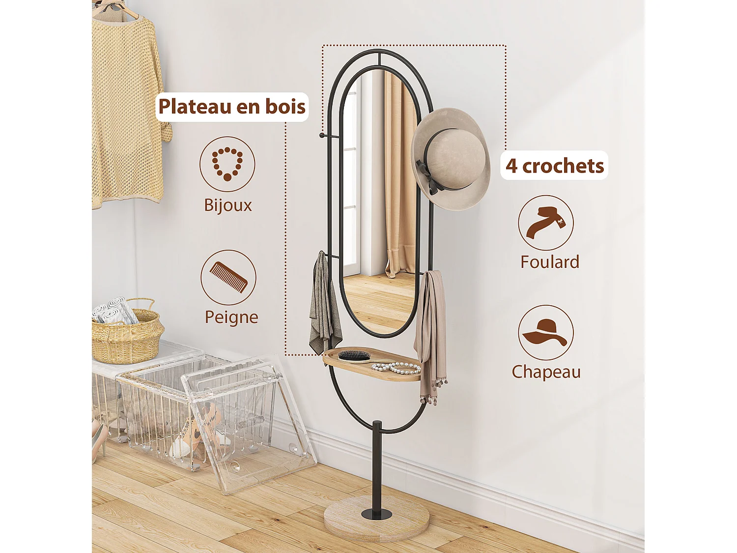 Miroir étagère design H.175 cm - miroir sur pied - tablette, 4 patères - métal noir bois hévéa verni naturel