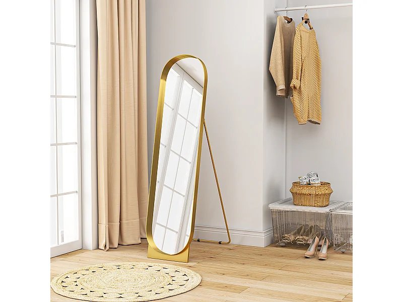 Miroir sur pied design métal doré dim. 40 x 160 cm autoportant ou à adosser