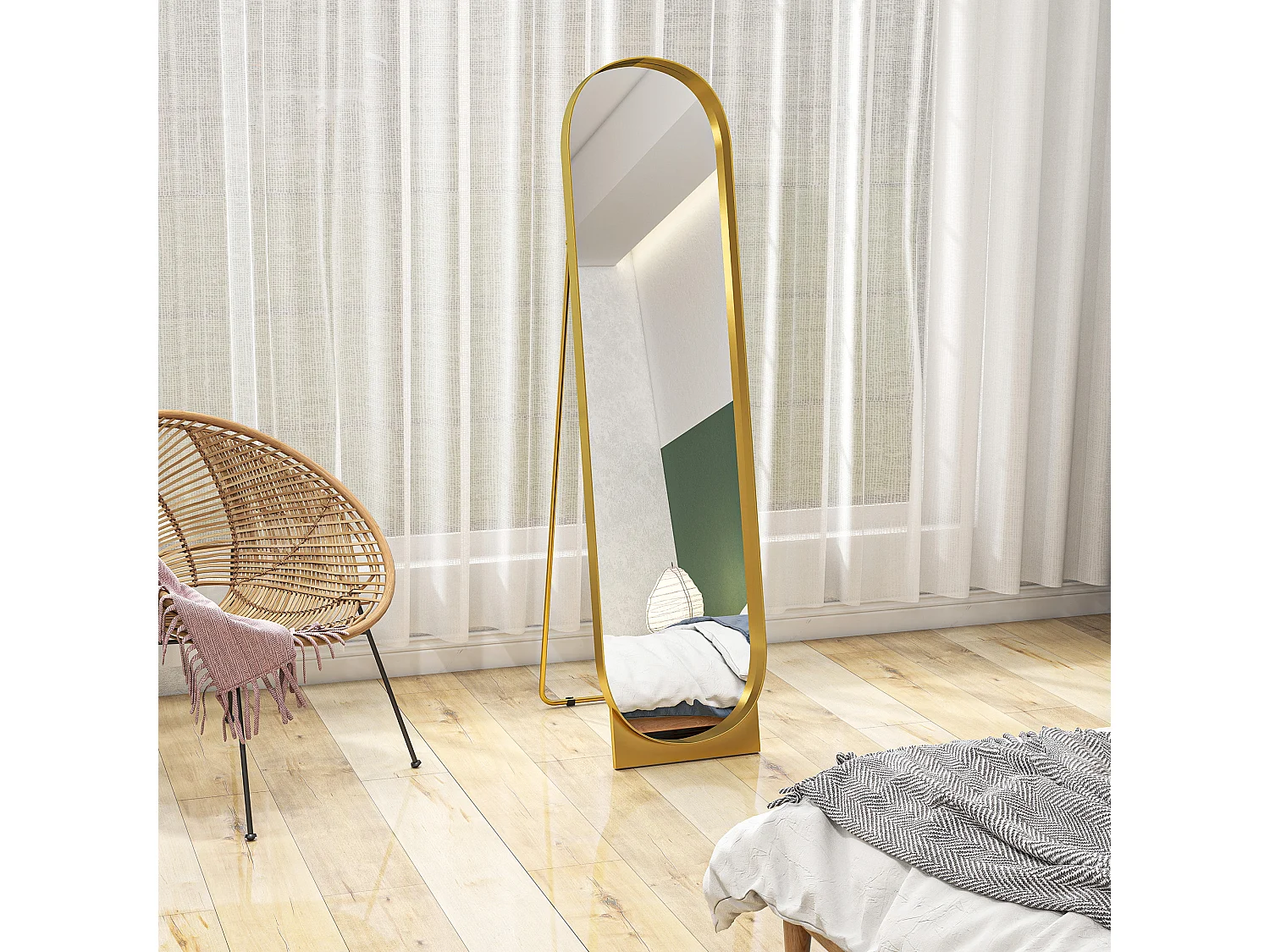 Miroir sur pied design métal doré dim. 40 x 160 cm autoportant ou à adosser