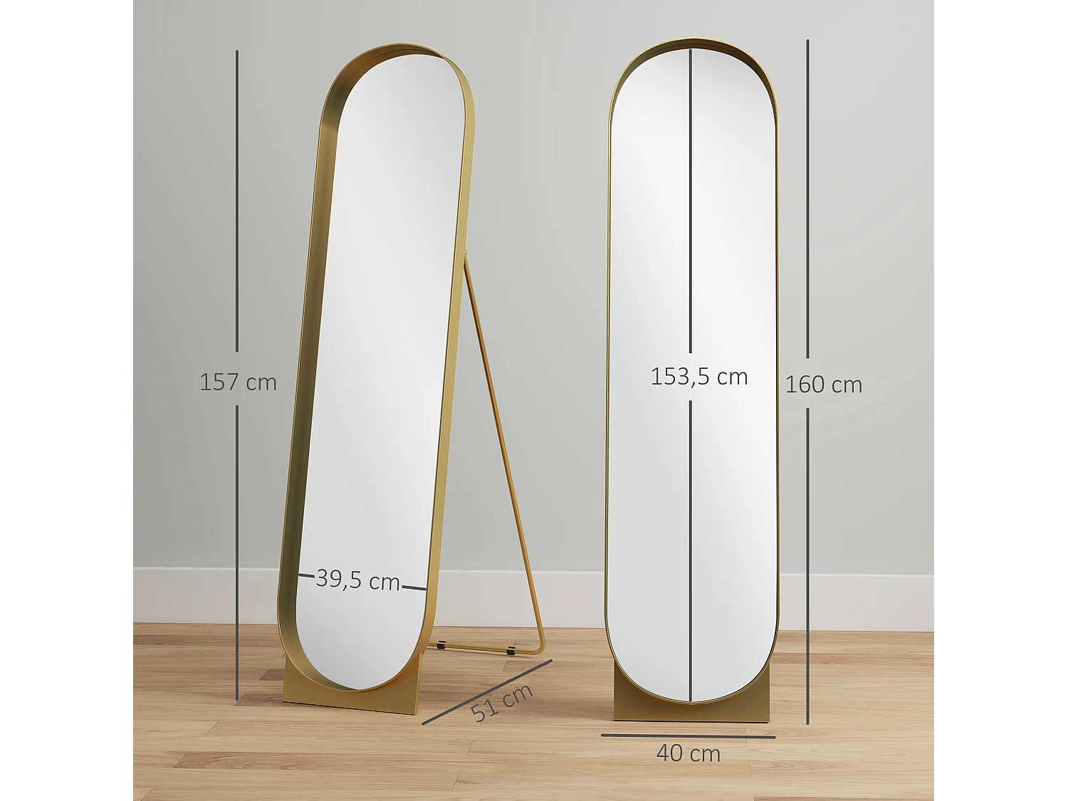 Miroir sur pied design métal doré dim. 40 x 160 cm autoportant ou à adosser