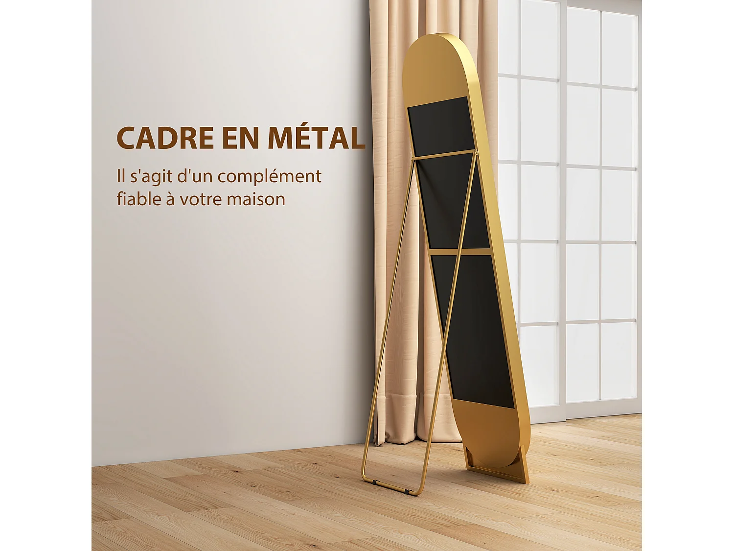 Miroir sur pied design métal doré dim. 40 x 160 cm autoportant ou à adosser