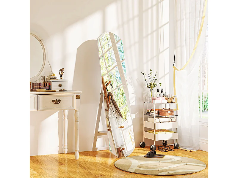 Miroir sur pied ou mural 150 cm avec étagère de rangement, grand miroir arqué pour chambre, entrée ou couloir, blanc