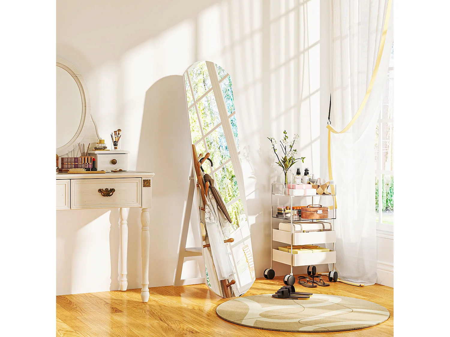 Miroir sur pied ou mural 150 cm avec étagère de rangement, grand miroir arqué pour chambre, entrée ou couloir, blanc