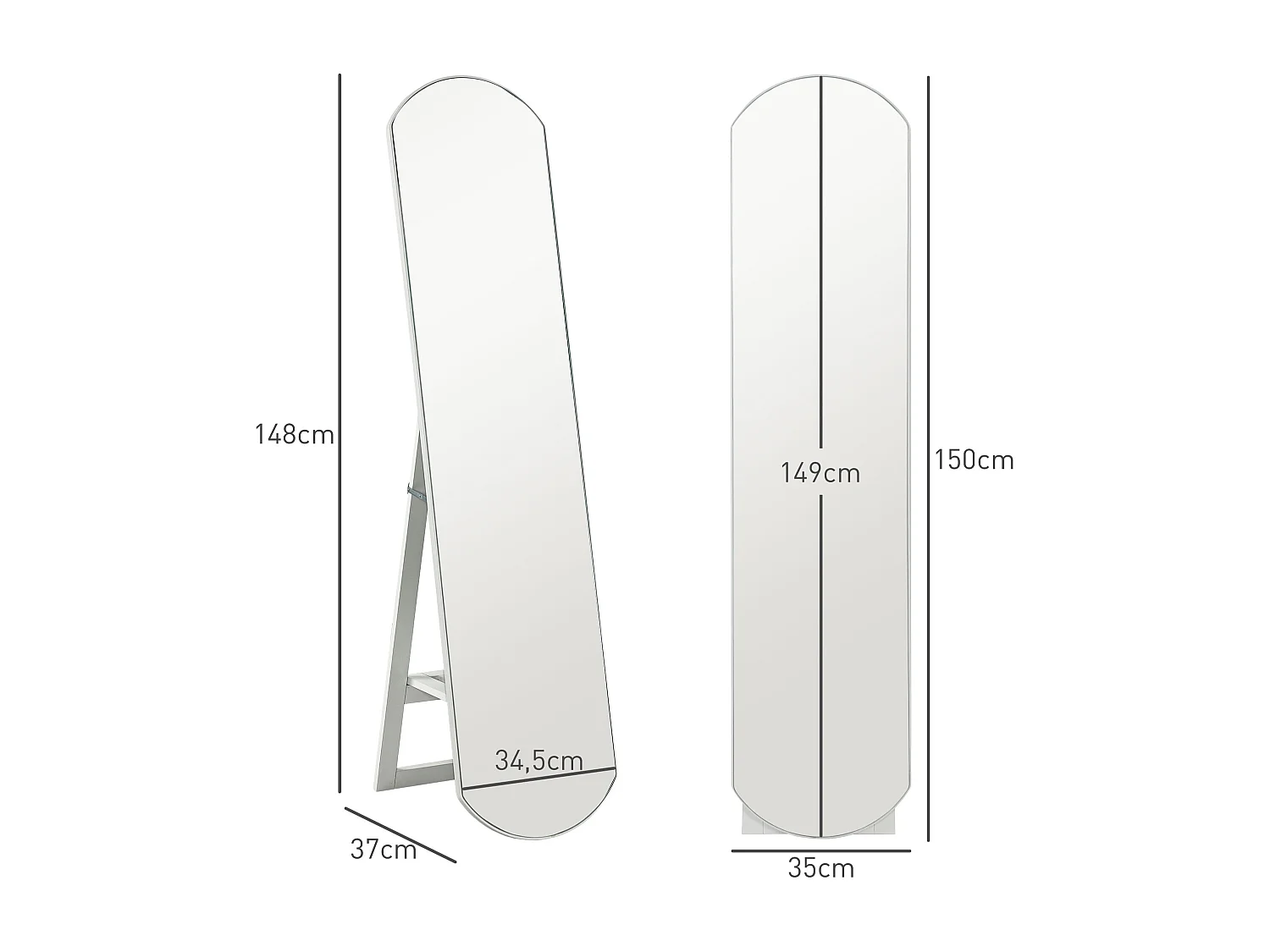 Miroir sur pied ou mural 150 cm avec étagère de rangement, grand miroir arqué pour chambre, entrée ou couloir, blanc