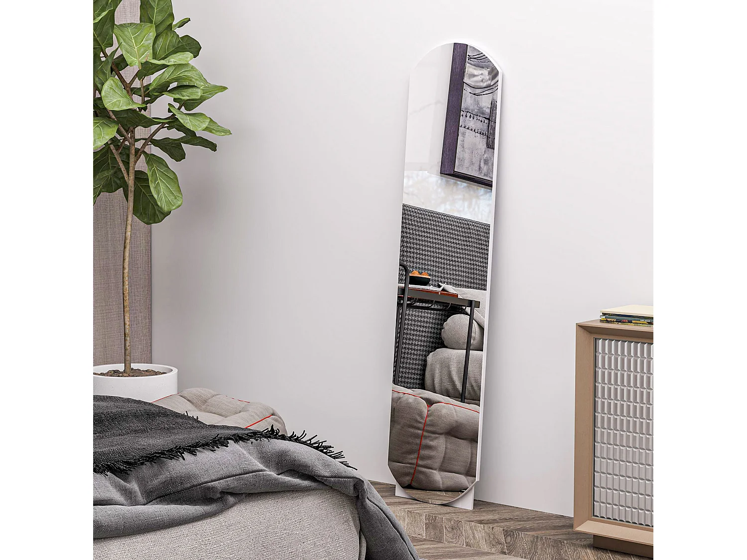 Miroir sur pied ou mural 150 cm avec étagère de rangement, grand miroir arqué pour chambre, entrée ou couloir, blanc
