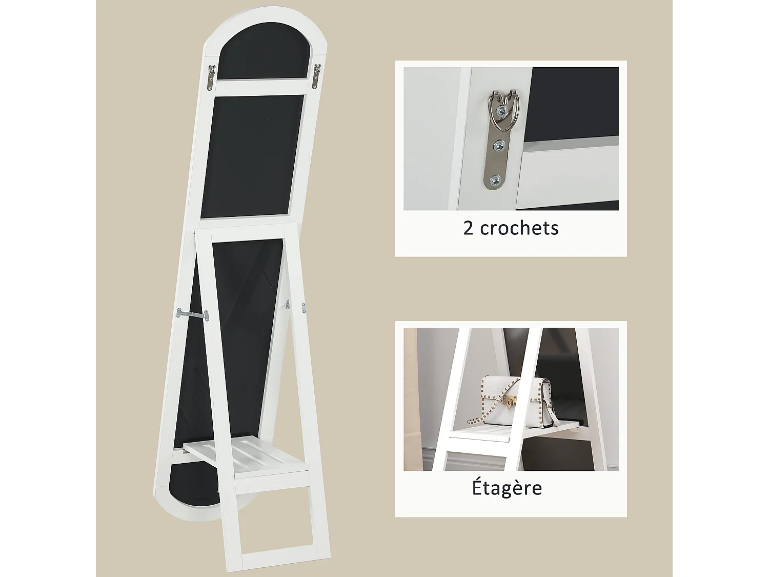 Miroir sur pied ou mural 150 cm avec étagère de rangement, grand miroir arqué pour chambre, entrée ou couloir, blanc
