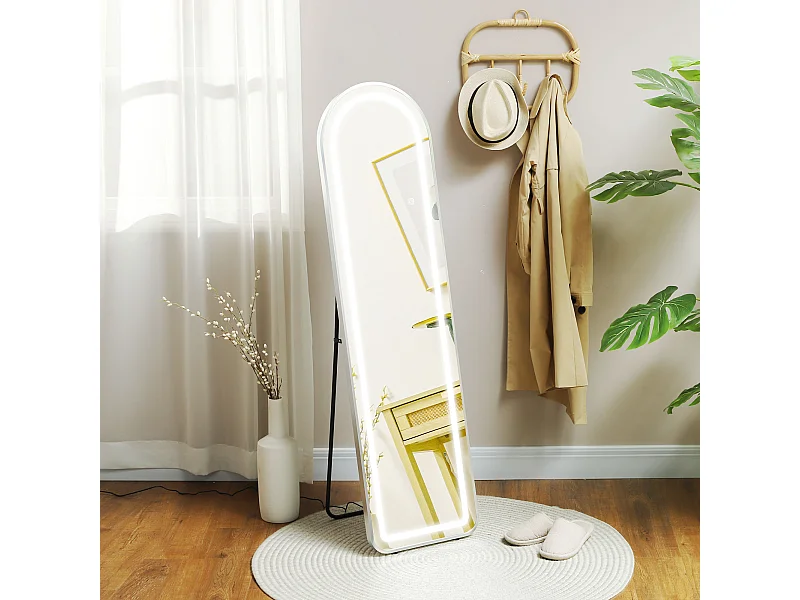 Miroir sur pied arqué - miroir lumineux LED réglable tactile dim. 40L x 150H cm - métal noir alliage alu verre trempé