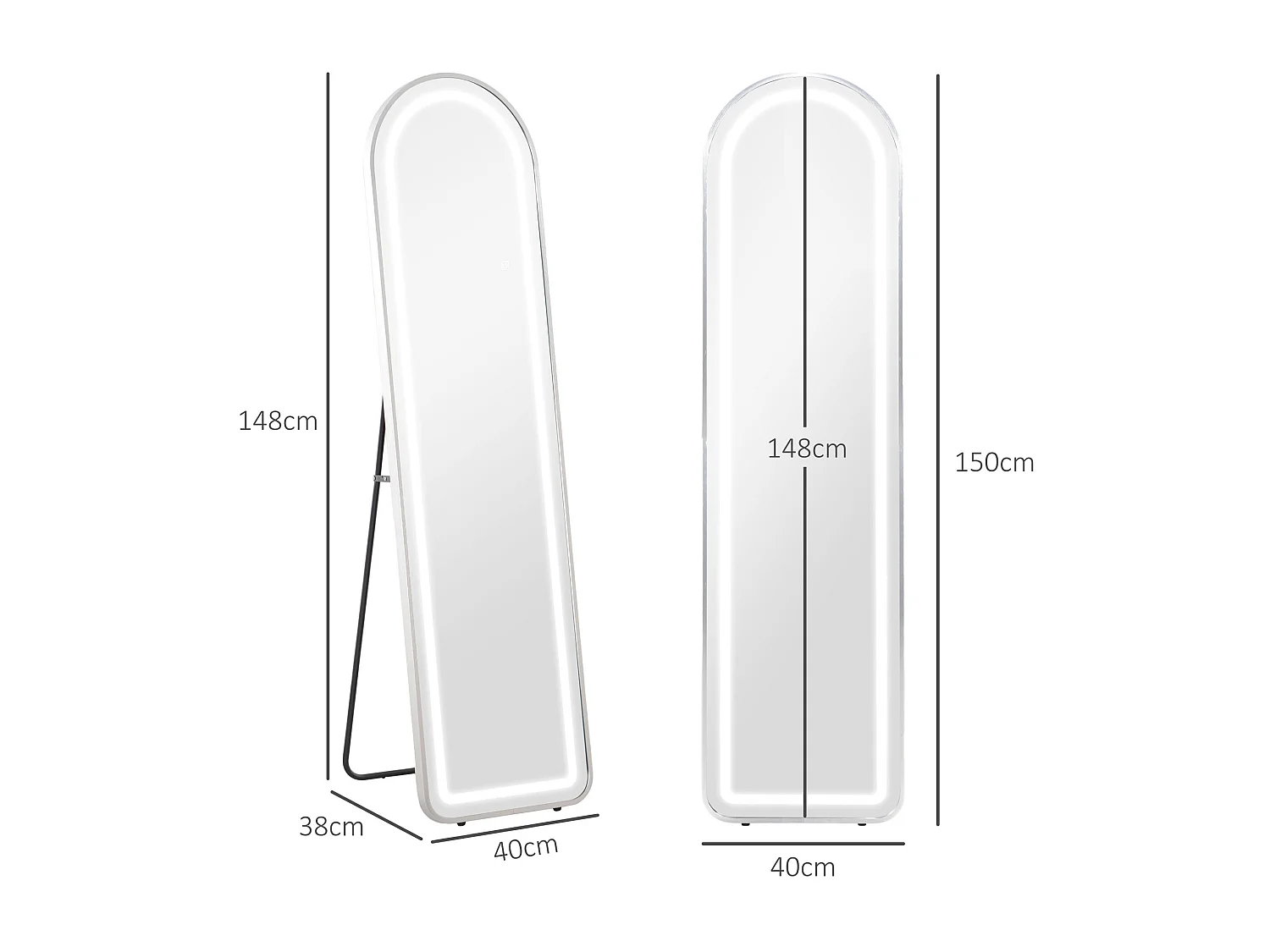 Miroir sur pied arqué - miroir lumineux LED réglable tactile dim. 40L x 150H cm - métal noir alliage alu verre trempé