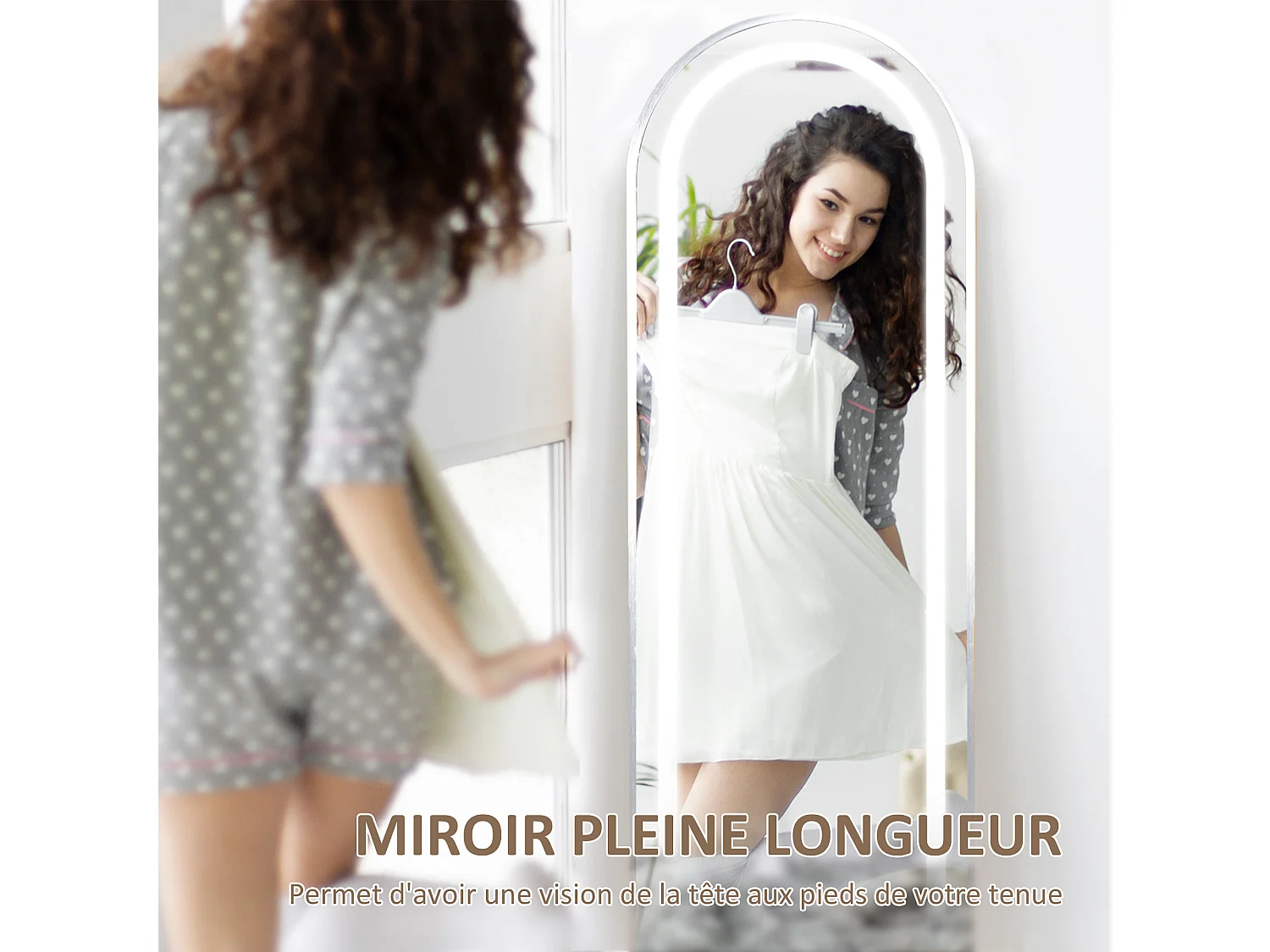 Miroir sur pied arqué - miroir lumineux LED réglable tactile dim. 40L x 150H cm - métal noir alliage alu verre trempé