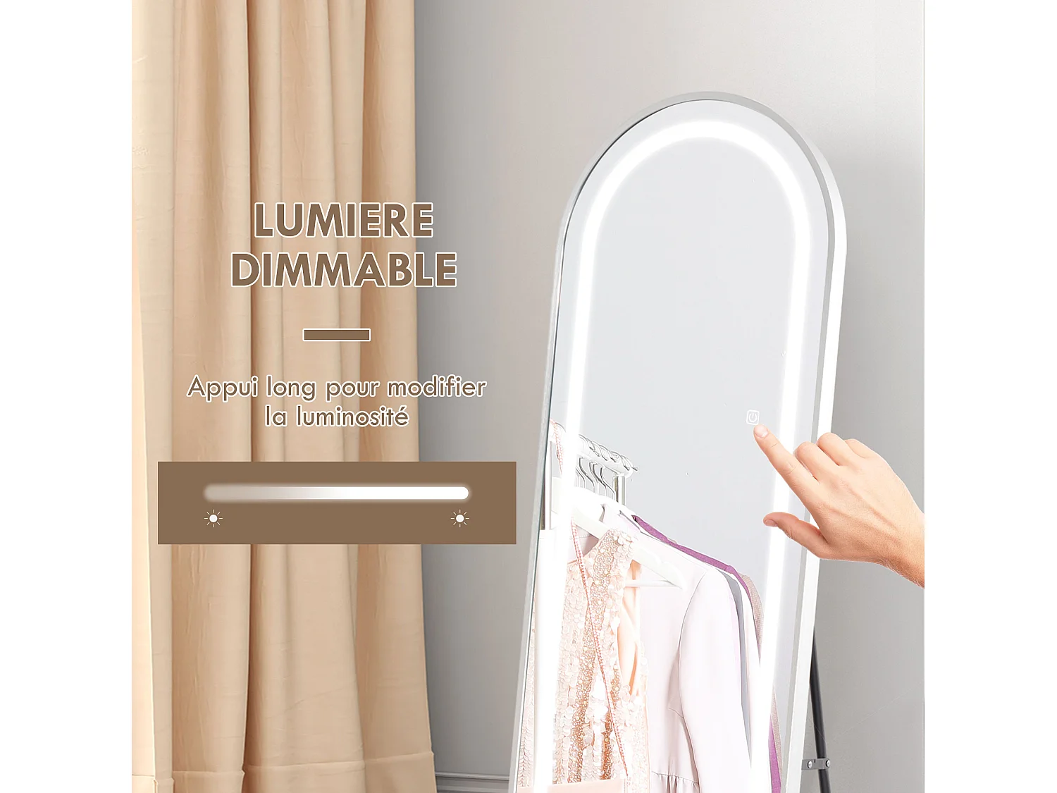 Miroir sur pied arqué - miroir lumineux LED réglable tactile dim. 40L x 150H cm - métal noir alliage alu verre trempé